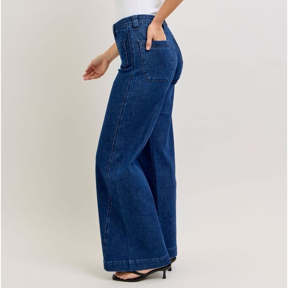 Judy Blue Women's High-Waisted Retro Fit  Denim Wide Jeans with Patch Pocket - Picture 2 of 11